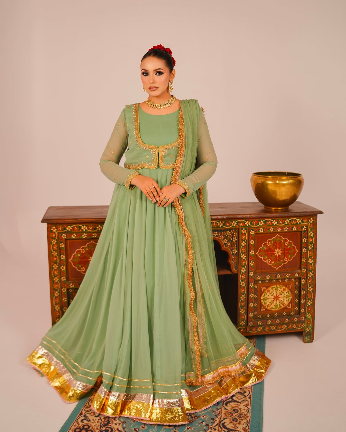 Nisa mint chiffon frock with gota lace – Fehmida Yousuf Official