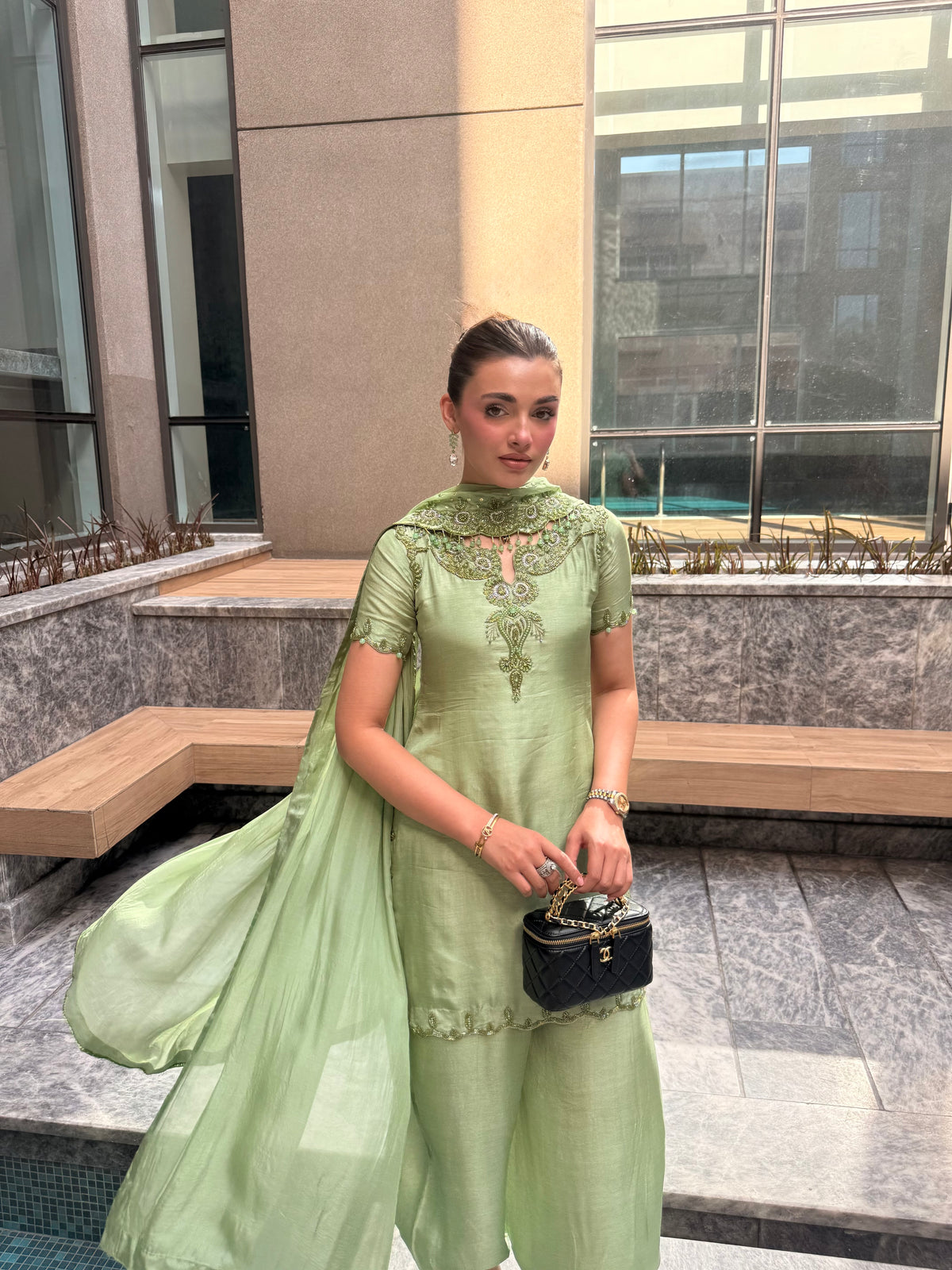 Mehreen pistachio tassel silk set – Fehmida Yousuf Official