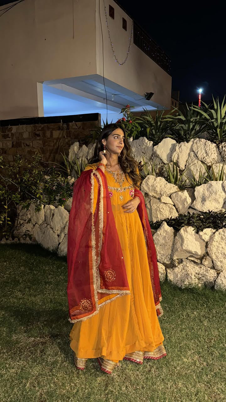 Mustard Hand Embroidered Peshwas